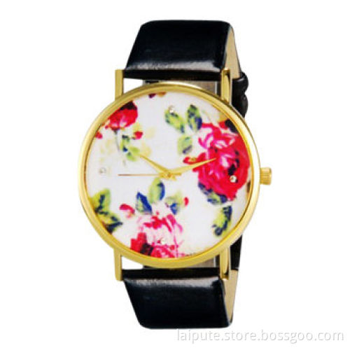 Fashionable Women's Platinum Analog Quartz Wrist Watch with Flower Pattern & PU Band (Black)